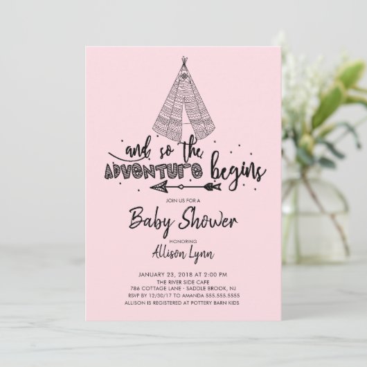 Avontuur begint Meisjes Baby shower Uitnodiging (Staand voorkant)