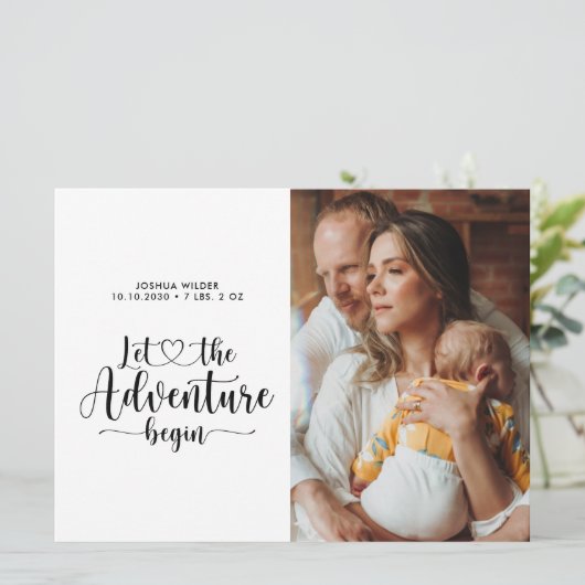 Avontuur begint nieuwe ouder en Baby foto geboorte Aankondiging (Staand voorkant)