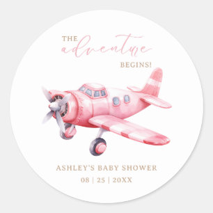 Avontuur Begint Roze Vliegtuig Meisje Baby Borrel Ronde Sticker
