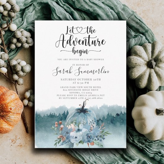 Avontuur begint stoffig blauw Baby shower Kaart