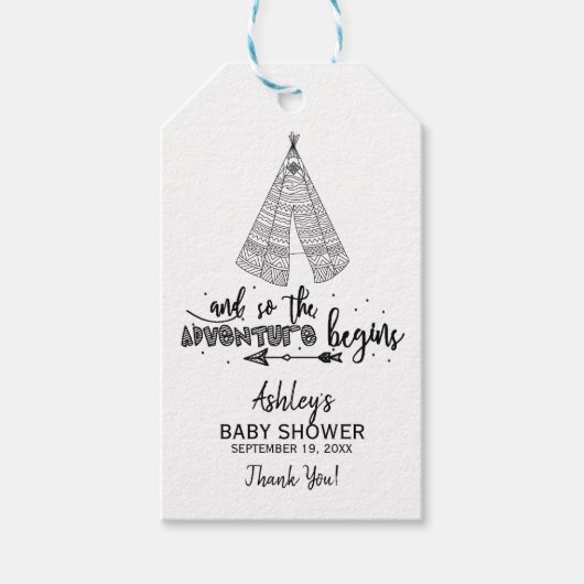 Avontuur begint Teepee Baby shower Favor Gift Labe Cadeaulabel (Voorkant)