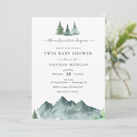 Avontuur begint tweelinguitnodiging Baby shower Kaart (Staand voorkant)