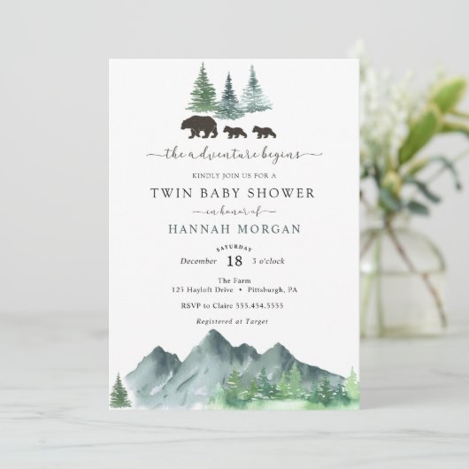 Avontuur begint tweelinguitnodiging Baby shower Kaart (Staand voorkant)
