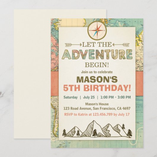 Avontuur begint Verjaardag uitnodiging Reiskaart (Voorkant / Achterkant)