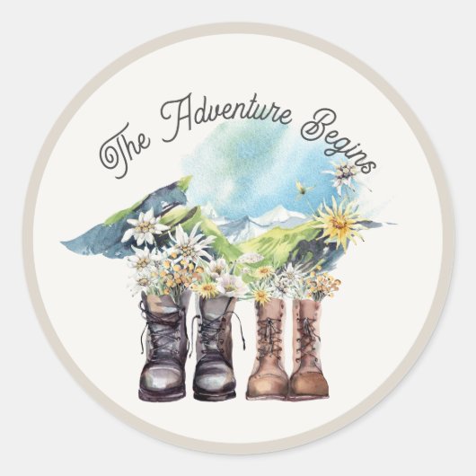 Avontuur begint wandelen laarzen ronde sticker (Voorkant)