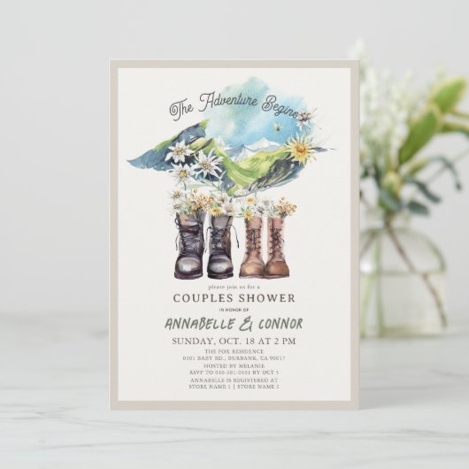 Avontuur Begint Wandelschoenen Koppels Douche Kaart (Staand voorkant)