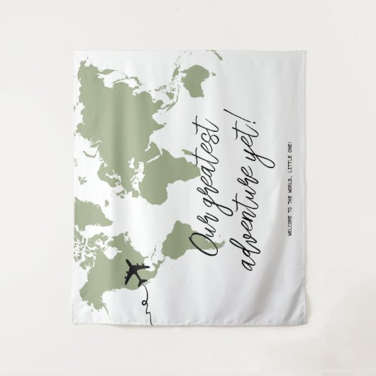 Avontuur begint Wereldkaart Baby shower Sage Green Wandkleed (Voorkant)