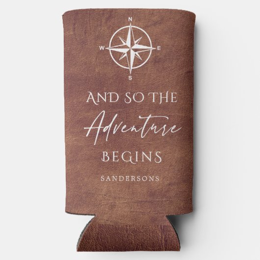 Avontuur Bruin Leder Gepersonaliseerd Seltzer Blikjeskoeler (Achterkant)