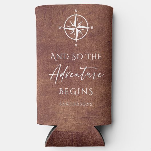 Avontuur Bruin Leder Gepersonaliseerd Seltzer Blikjeskoeler (Voorkant)