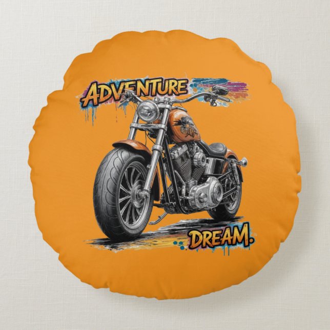 Avontuur Droomrit – Vintage Chopper Motorfiets Rond Kussen (Voorkant)