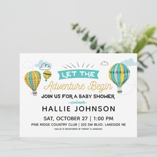 Avontuur Hete Luchtballon Douche Uitnodiging (Staand voorkant)