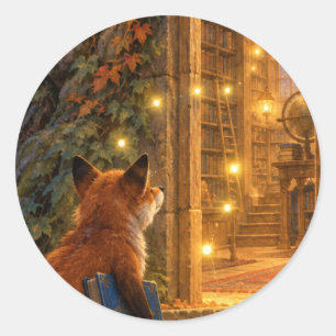 Avontuur in de met sterren verlichte vosbibliothee ronde sticker
