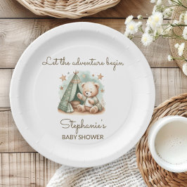 Avontuur roept Teddy Beer Baby Shower Papieren Bordje
