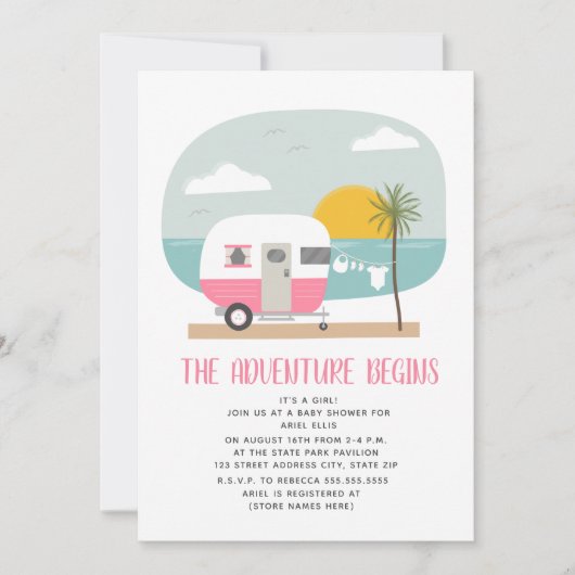 Avontuur Roze Camper Strand Meisje Baby Shower Kaart (Voorkant)