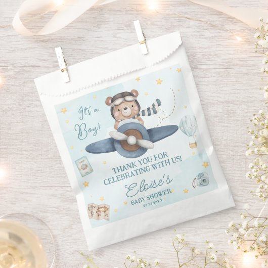 Avontuur Schattige Beer Blauw Vliegtuig Oh Boy Bab Bedankzakje (Geknipt)