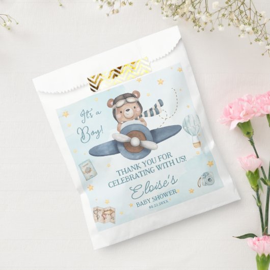 Avontuur Schattige Beer Blauw Vliegtuig Oh Boy Bab Bedankzakje (Gezegeld)