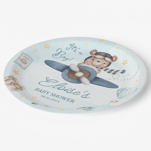 Avontuur Schattige Beer Blauw Vliegtuig Oh Boy Bab Papieren Bordje (Gekanteld)