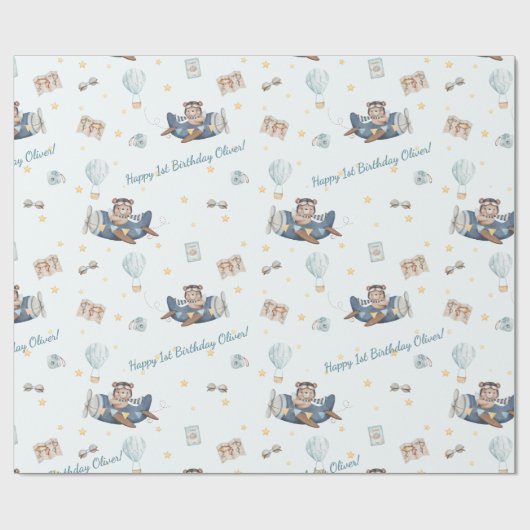 Avontuur Schattigee Luchtvaart Beer Blue Plane Cus Cadeaupapier (Vlak)