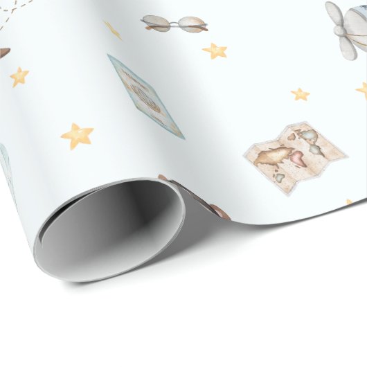 Avontuur Schattigee Luchtvaart Beer Blue Plane Cus Cadeaupapier (Rol Hoek)