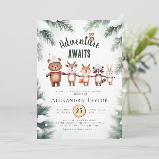 Avontuur Sneeuwbos Dieren Winter Baby shower Kaart (Staand voorkant)