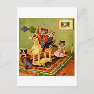 Avontuur van een oud speelgoedpaard van een katten briefkaart