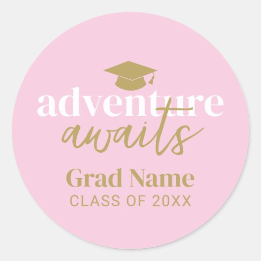 Avontuur wacht - Afstudeerder Naam en Pet - Roze G Ronde Sticker (Voorkant)