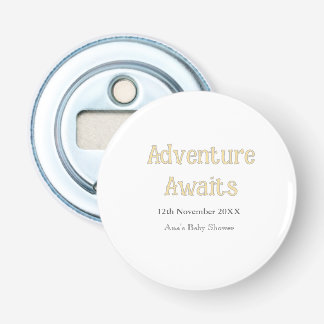 Avontuur wacht baby shower voeg naam datum pastel button flesopener