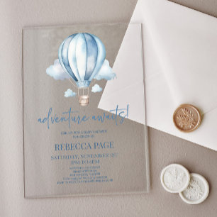 Avontuur wacht! Blauwe hete luchtballon baby showe Acryl Uitnodigingen