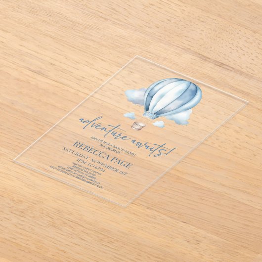 Avontuur wacht! Blauwe heteluchtballon Baby shower Acryl Uitnodigingen (Laagn)