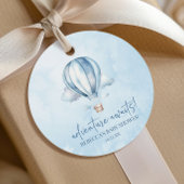 Avontuur wacht! Blauwe heteluchtballon Baby shower Bedankjes Labels