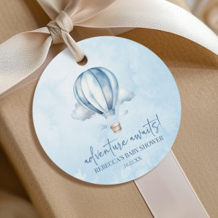 Avontuur wacht! Blauwe heteluchtballon Baby shower Bedankjes Labels