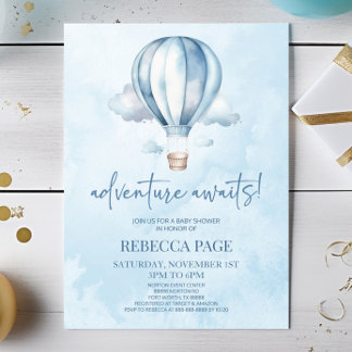 Avontuur wacht! Blauwe heteluchtballon Baby shower Kaart
