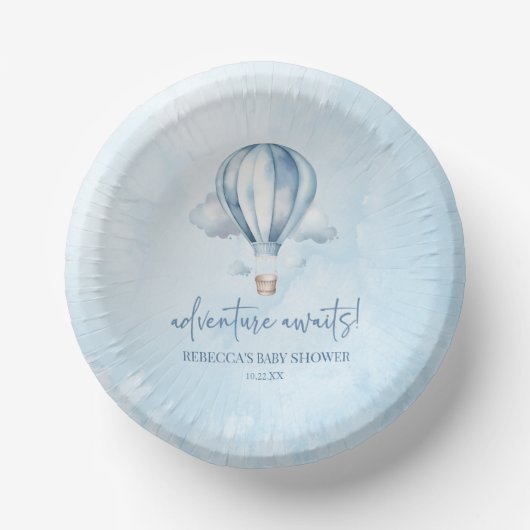 Avontuur wacht! Blauwe heteluchtballon Baby shower Papieren Kommen (Voorkant)