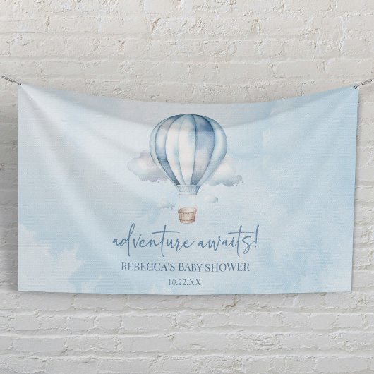 Avontuur wacht! Blauwe heteluchtballon Baby shower Spandoek