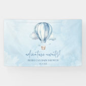 Avontuur wacht! Blauwe heteluchtballon Baby shower Spandoek (Horizontaal)