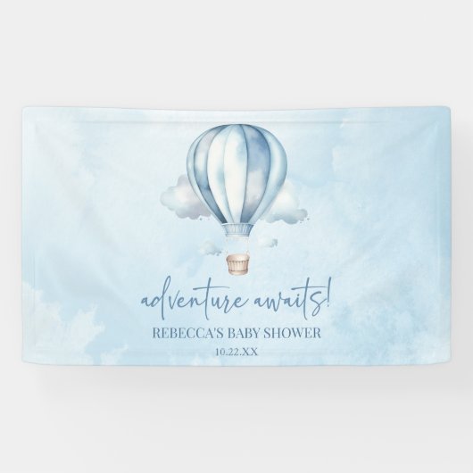 Avontuur wacht! Blauwe heteluchtballon Baby shower Spandoek (Horizontaal)