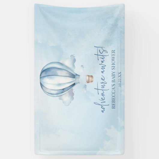 Avontuur wacht! Blauwe heteluchtballon Baby shower Spandoek (Verticaal)