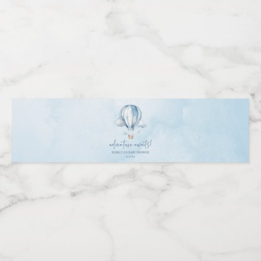 Avontuur wacht! Blauwe heteluchtballon Baby shower Waterfles Etiket (Enkel label)