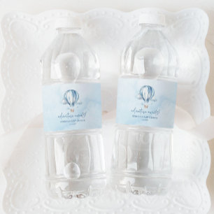 Avontuur wacht! Blauwe heteluchtballon Baby shower Waterfles Etiket