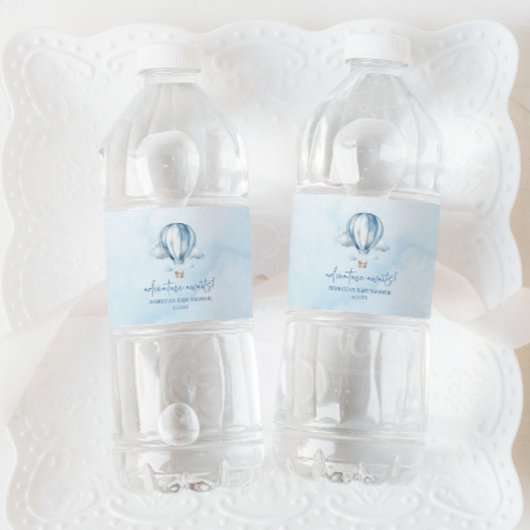 Avontuur wacht! Blauwe heteluchtballon Baby shower Waterfles Etiket