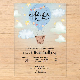 Avontuur Wacht Blauwe Luchtballon Baby Shower Acryl Uitnodigingen