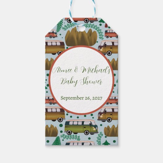 Avontuur wacht: Camper Baby Boy Shower Cadeaulabel (Voorkant)