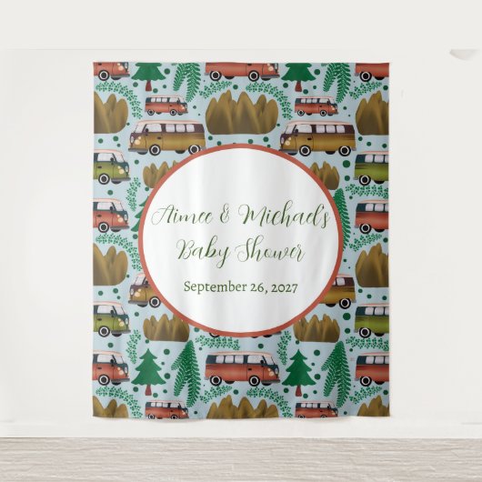 Avontuur wacht: Camper Baby Boy Shower Wandkleed (Voorkant)