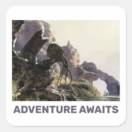 Avontuur wacht. Fantasielandschap Vierkante Sticker (Voorkant)