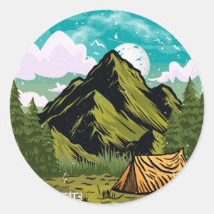Avontuur wacht, gelukkige camper outdoor vakantie ronde sticker