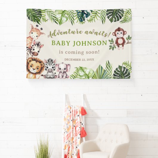 Avontuur wacht Jungle Safari Baby Shower Banner (Insitu)