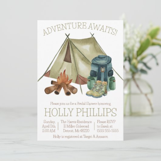 Avontuur wacht! Kamperen, Wandelen Vrijgezellenfee Kaart (Staand voorkant)