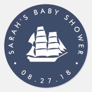 Avontuur wacht   Marine en Wit Baby shower Ronde Sticker