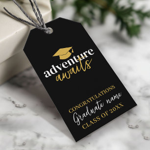 Avontuur wacht - Naam Pet Zwart Goud Afstuderen Cadeaulabel