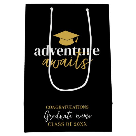 Avontuur wacht - Naam Pet Zwart Goud Afstuderen Medium Cadeauzakje (Achterkant)